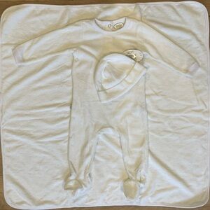 Frenchie Mini Couture Layette Set with Footie, hat, and blanket